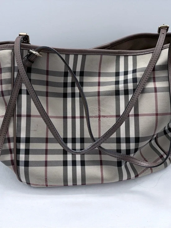 Burberry Beige Plaid Shoulder Bag with Brown Leather Straps - Picture 3 of 8